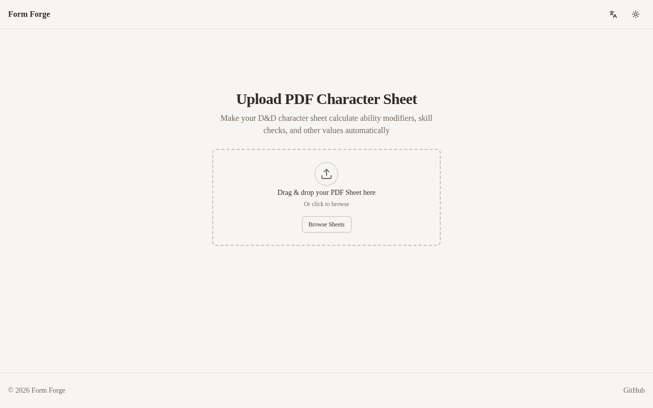 Upload PDF Character Sheet screen with the Browse Sheets button
