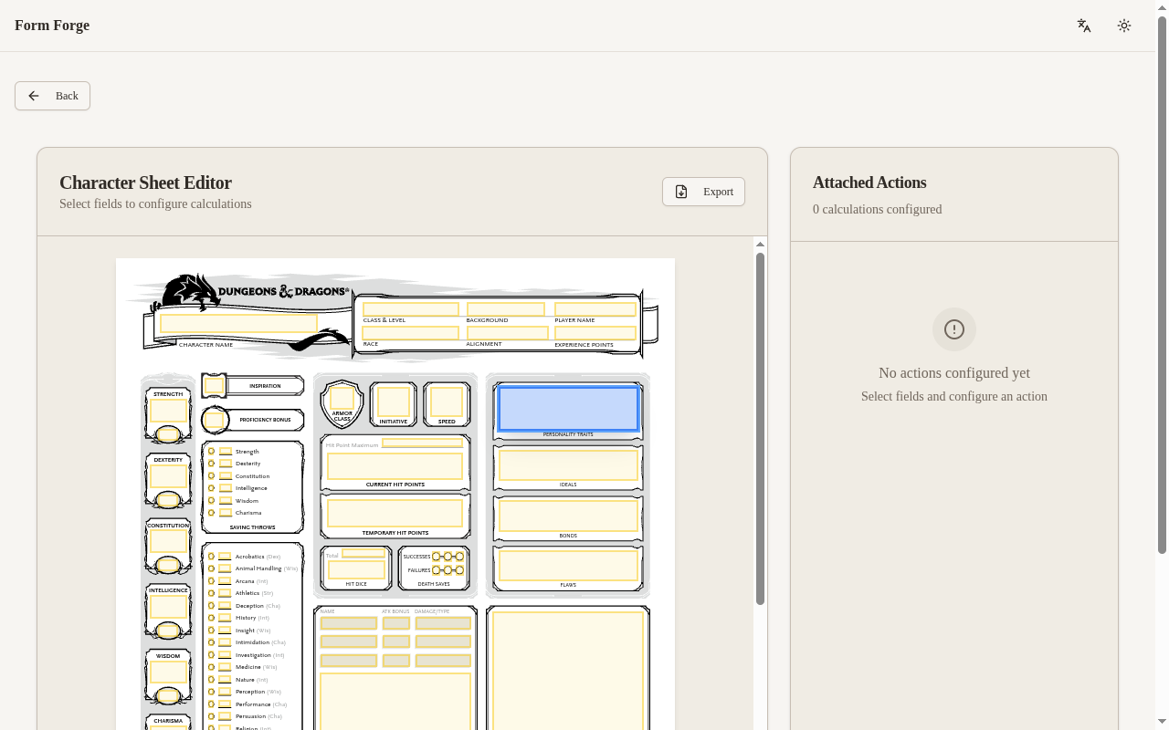 The sheet viewer showing the character sheet with a button on each fillable box