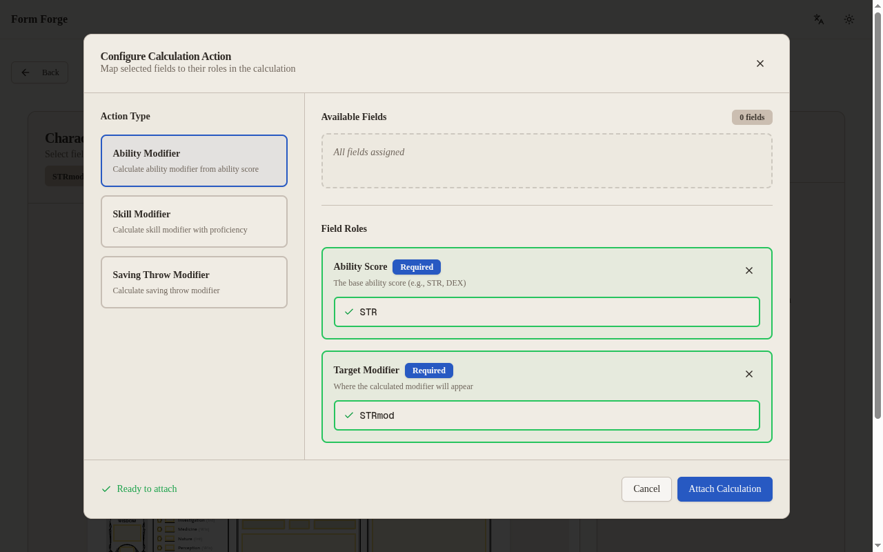 The Configure Calculation window with each part assigned to a box
