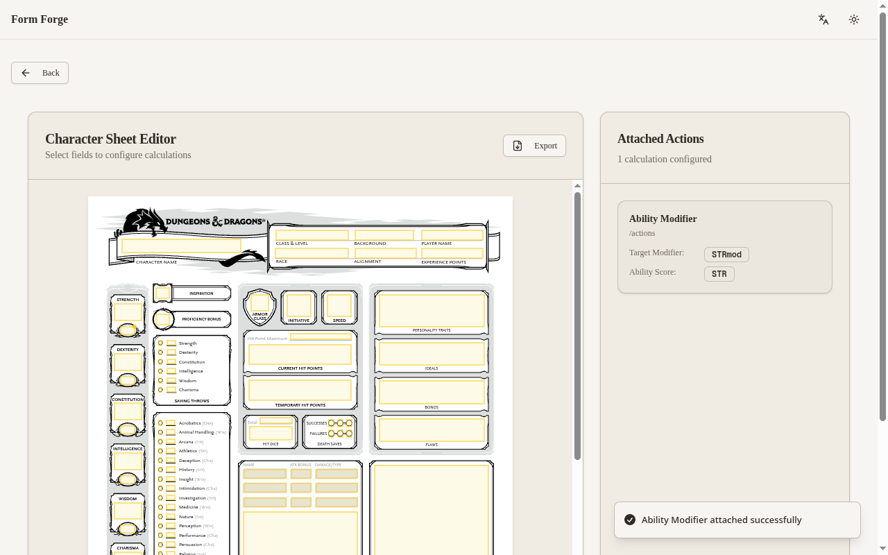 The Export button and a message confirming the sheet was exported